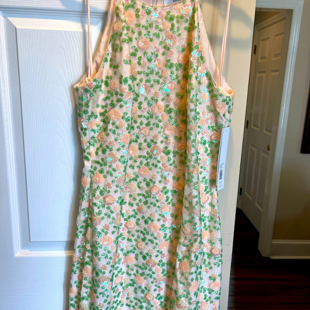 NWTS Badgley Mischka Sequinned Halter Dress Size 16 Multi Bloom MSRP $375